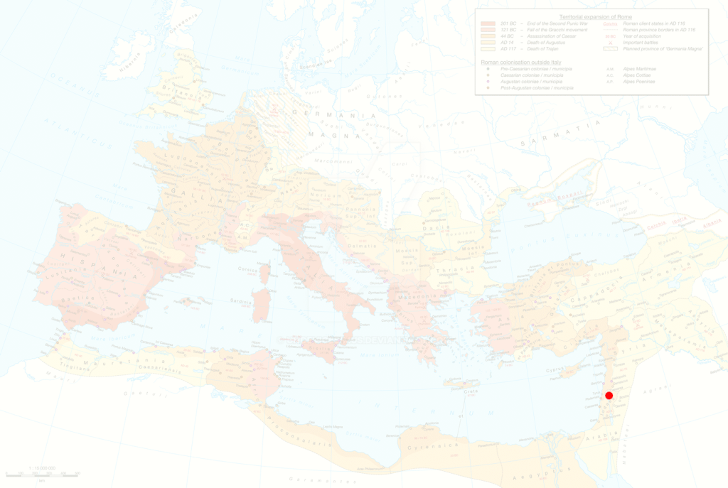 A tiny dot representing the location of Jesus' life and ministry superimposed over a map of the Roman empire